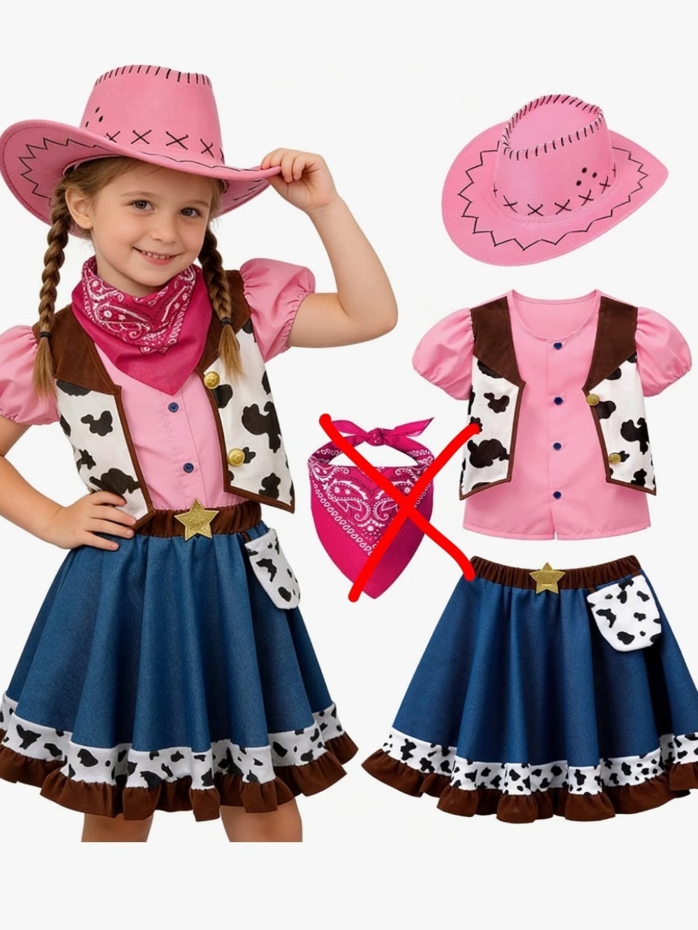 Kids Pink Cowgirl Costume Set with Blue Skirt No Bandana Size For 6yrs